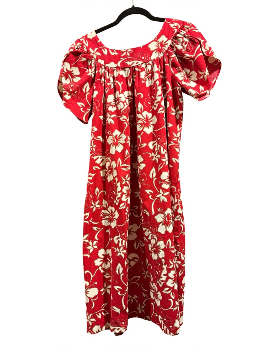 Hilo Hattie Hawaiian Red Hibiscus Print Tulip Sleeve Cotton Dress Size S